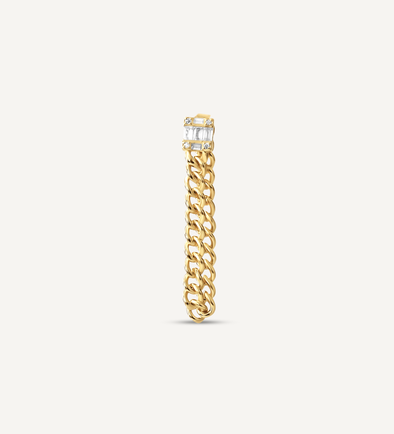 18K Gold Filled chain earring connected to a square cut clear Cubic Zirconia stud.